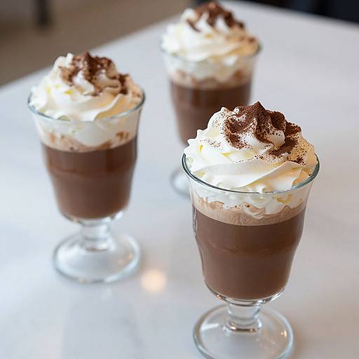 Photograph of three glass cups with dark chocolate milkshakes topped with whipped cream and chocolate shavings, on a white table.