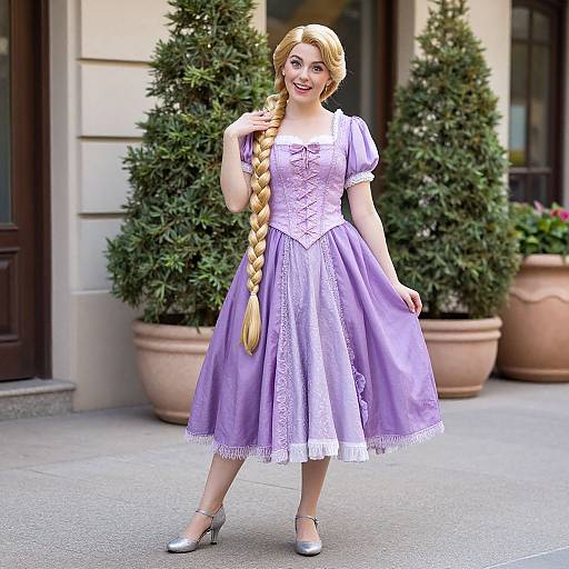 Digital illustration of a smiling blonde woman with a long braid, wearing a lavender lace-trimmed dress and silver shoes, standing in front of p