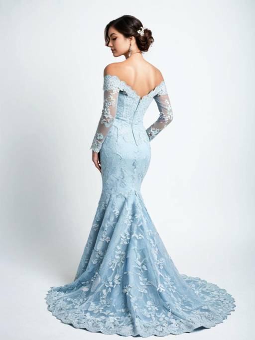 Elegant Pale Blue Lace Mermaid Gown