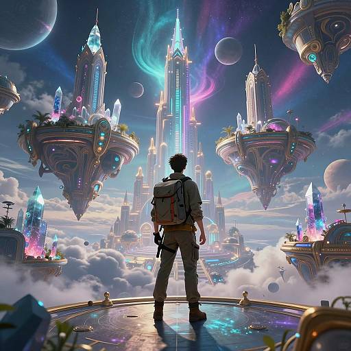 Intergalactic Traveler in Floating Crystal City