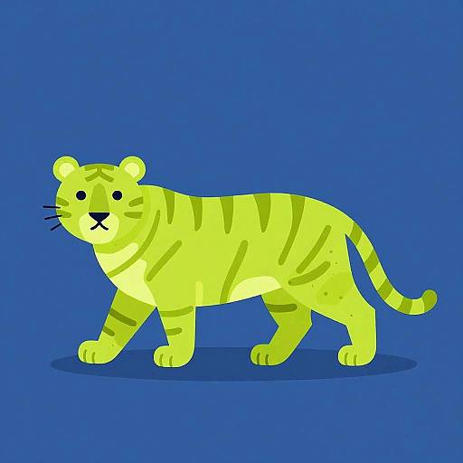 Digital drawing of a neon yellow tiger with green stripes, walking on a blue background. Simple, cartoon-like style with bold colors.