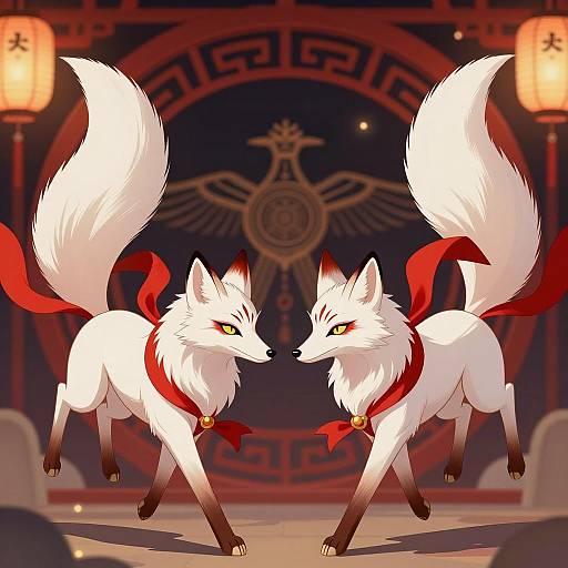 Illustration of Two White Foxes with Red Accents