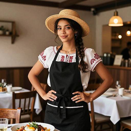 Photograph of a smiling young woman with dark hair in a braid, wearing a straw hat, white embroidered shirt, and black apron, standing