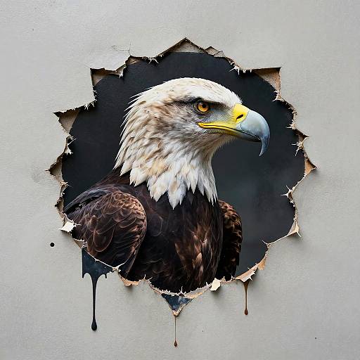 Digital painting of a fierce bald eagle emerging from a torn, black hole in a gray wall, with drips and jagged edges.