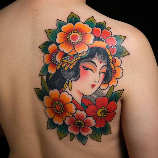 Tattoo of Japanese-style woman with closed eyes, surrounded by vibrant orange and red flowers, on a bare back. Traditional Japanese ink style.
