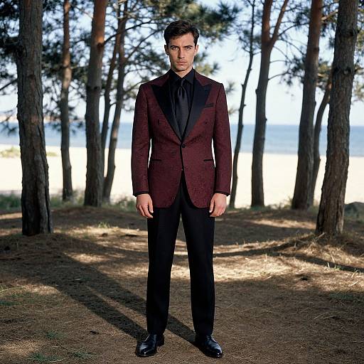 Photograph of a handsome man with short dark hair, wearing a maroon blazer, black shirt, and black pants, standing in a sunlit