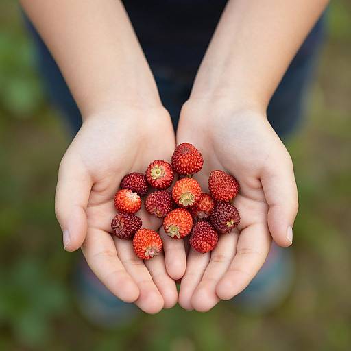 Photograph of a child's pale hands gently cupping a small pile of vibrant red strawberries, set against a blurred green and brown outdoor background.