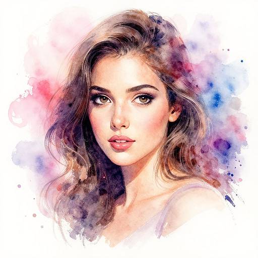 Digital watercolor portrait of a beautiful young woman with wavy brown hair, soft pink lips, and striking green eyes, against a colorful, abstract background