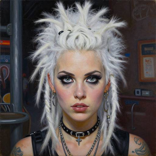 Photograph of a punk-style woman with white spiky hair, heavy black eyeliner, pink lips, black choker, piercings, and