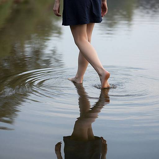 Photograph of a person's bare legs and feet walking in shallow water, wearing a black dress, with ripples and reflection visible.