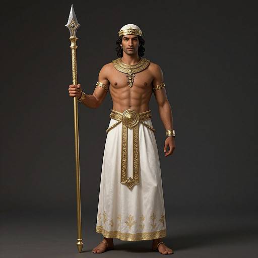 Photograph of a muscular, dark-skinned man with long black hair, wearing ancient Egyptian attire: white skirt, gold jewelry, and holding a tall