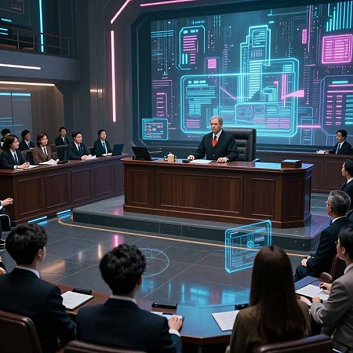Photograph of a high-tech corporate boardroom meeting with a male CEO in a suit presenting to a panel of executives and audience, neon digital graphics on