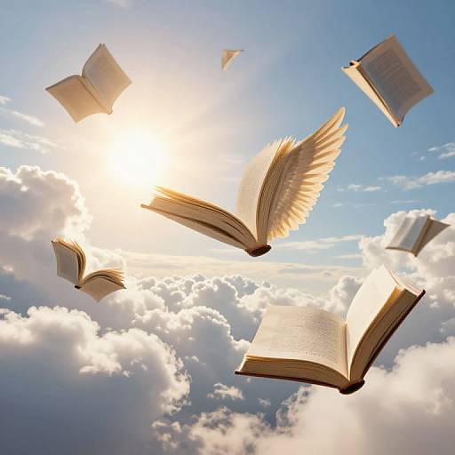 Photograph of five open books with wings, floating in a bright, sunlit blue sky with fluffy white clouds.