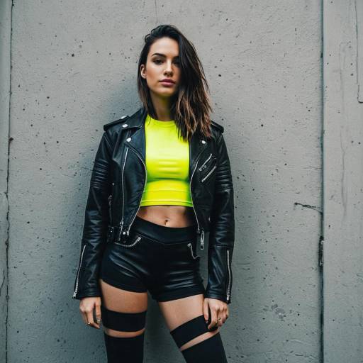 Fashionable Woman in Neon Crop Top and Leather Jacket