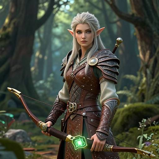 Digital fantasy artwork of a white-haired, elven archer with pointed ears, wearing dark brown armor and holding a glowing green-hilted bow in