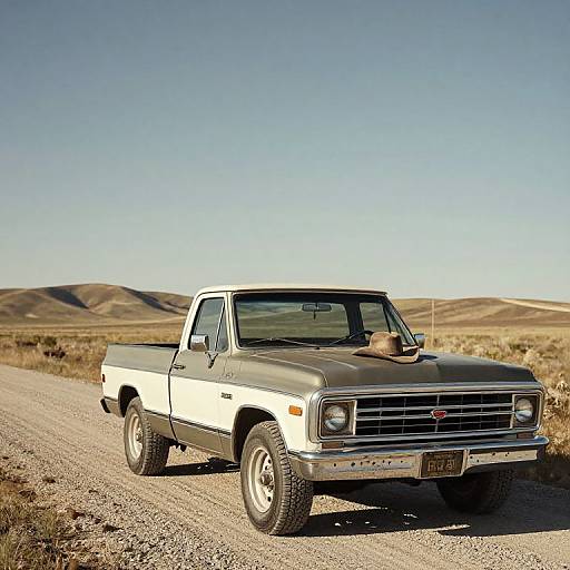 Photograph of a vintage white and gray pickup truck with a cowboy hat on the roof, driving on a gravel road in a desert landscape with rolling hills