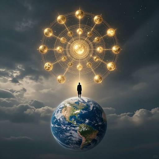 Silhouetted figure standing on Earth, reaching towards a glowing, golden, circular network of spheres in a dark, cloudy sky. Digital artwork.