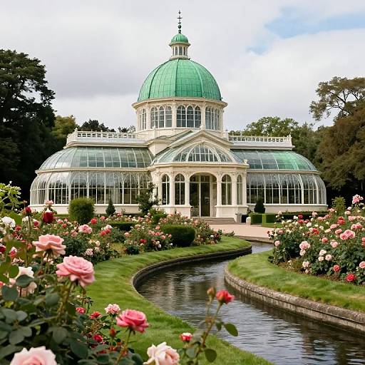 Photograph of a grand greenhouse with a green dome, surrounded by vibrant rose gardens and a winding water channel.