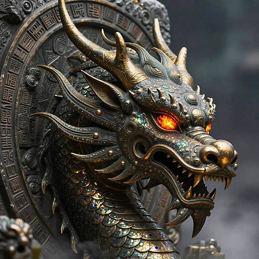 Photograph of an intricately detailed, metallic Chinese dragon head with glowing orange eyes, golden horns, and textured scales, set against a dark, cloudy