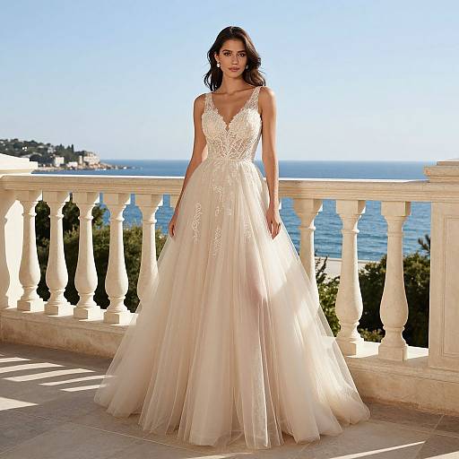 Photograph of a beautiful woman in an elegant, ivory lace and tulle wedding gown with a deep V-neck, standing on a sunlit balcony overlooking