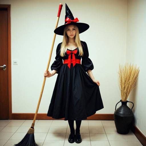 Blonde Woman in Witch Costume Holding Broom