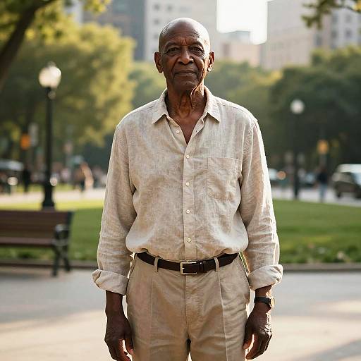 Photograph of an elderly African-American man with dark skin, bald head, wearing a beige button-up shirt and beige pants, standing in a sunlit