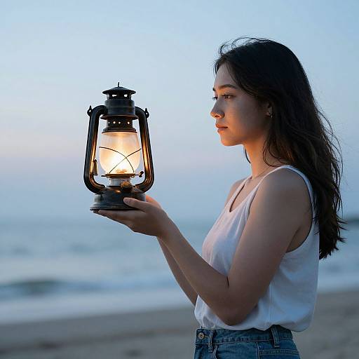 Photograph of a young woman with long dark hair, wearing a white tank top and denim shorts, holding a lit lantern on a beach at sunset.