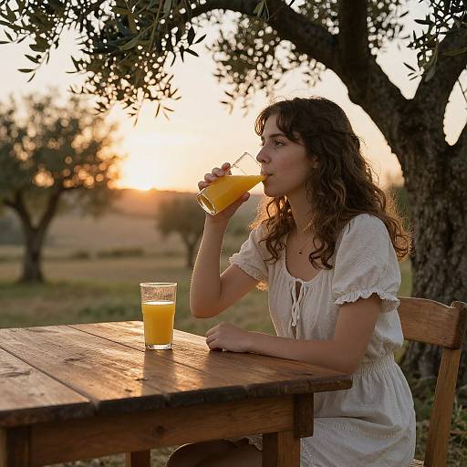 Photograph of a curly-haired woman in a white, short-sleeved dress, sipping orange juice at a wooden table during a sunset in a