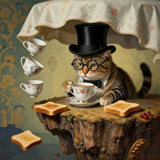 Digital illustration of a tabby cat in a top hat and glasses, sipping tea from a cup, surrounded by floating teacups and toast on