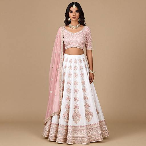 Photograph of a South Asian woman in a pink and white traditional lehenga with gold embroidery, matching dupatta, and ornate jewelry, standing against