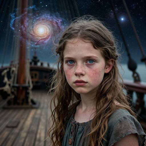Photograph of a young girl with blue eyes, freckled face, and wavy brown hair, on a wooden ship at night, with a