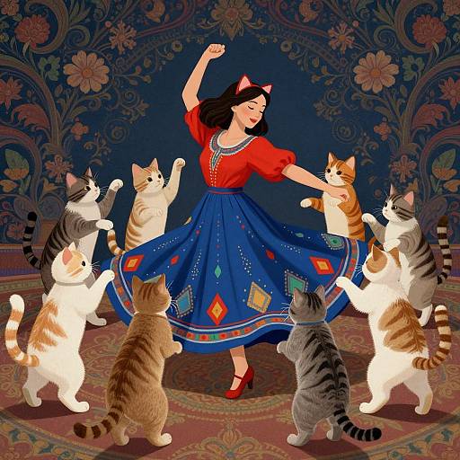 Digital illustration of a woman in a red dress and blue skirt, dancing with six cats on a patterned rug, against a floral backdrop. Cats have