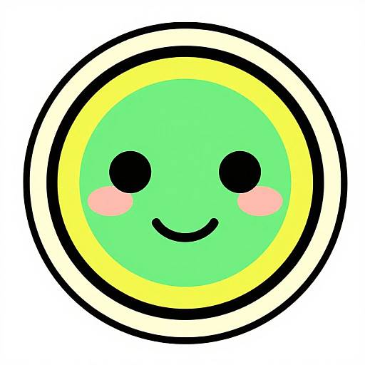 Cute, digital, cartoon-style smiley face with green circle, yellow and black border, black eyes, pink cheeks, and a simple smile.