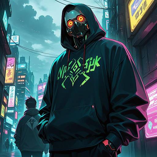 Cyberpunk street scene: masked person in black hoodie with neon green text, glowing orange eyes, stands against neon-lit cityscape, another figure