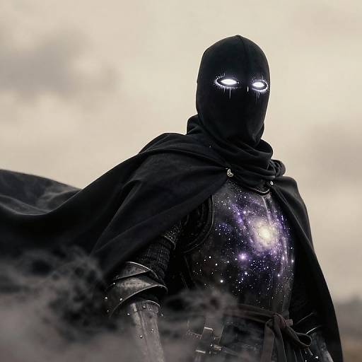 Photograph of a mysterious, glowing-eyed figure in a black hooded cloak and starry, metallic armor, set against a cloudy sky.