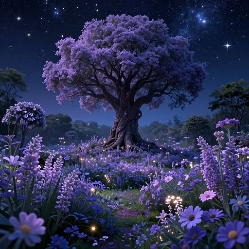 Digital artwork of a glowing, purple-tinged tree centered in a starry night sky, surrounded by vibrant, luminescent flowers and twinkling