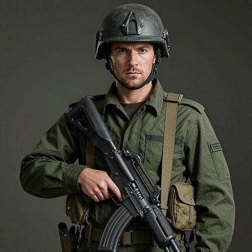 Photograph of a serious, bearded male soldier in green uniform, black helmet, and tactical gear, holding a black assault rifle against a dark gray