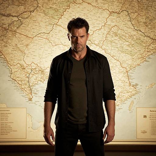 Photograph of a serious, rugged man with short dark hair, wearing a black shirt and black pants, standing in front of a large, illuminated map