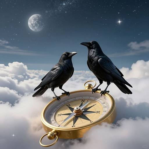 Photograph-like digital artwork of two black ravens standing on a golden compass, against a starry night sky with a moon, surrounded by fluffy clouds