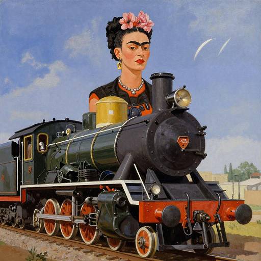 Digital painting of Frida Kahlo in a black dress and pink flower hairpiece, riding a vintage black steam locomotive with red wheels. Blue sky