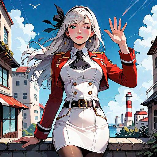 Anime Girl at Docks with Wink