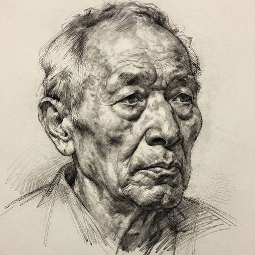 Black and white ink sketch of an elderly man with wrinkled face, short hair, and serious expression, detailed with crosshatching.