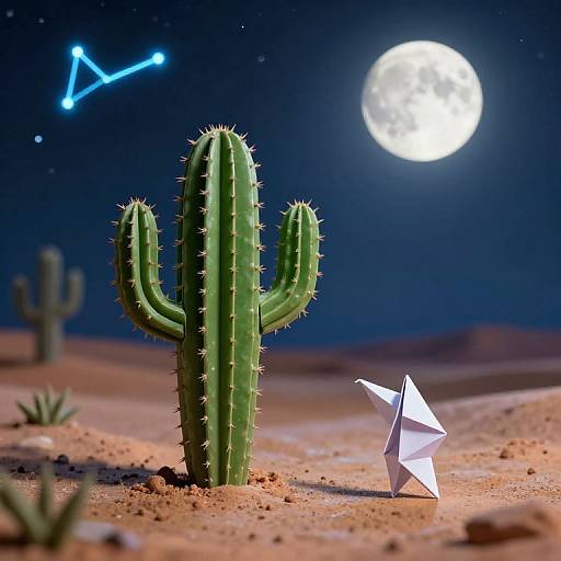 Photograph of a spiky, green cactus under a bright full moon, with a constellation in the starry night sky and a white paper airplane