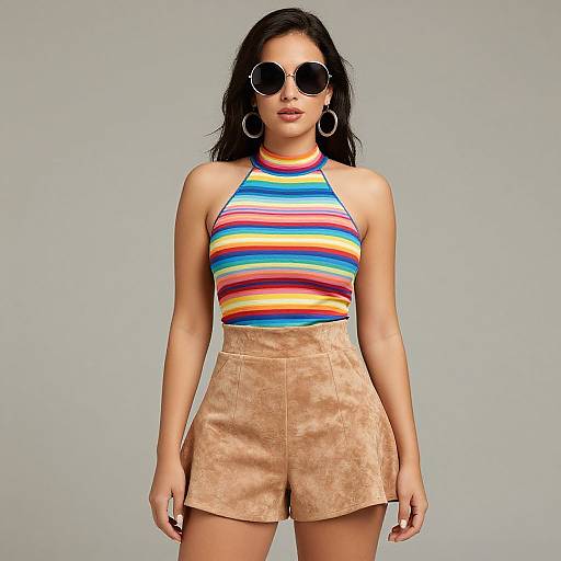 Photograph of a young woman with long dark hair, wearing round sunglasses, a colorful striped halter top, and high-waisted tan suede shorts