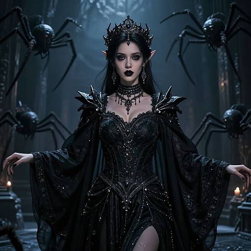 Photorealistic digital artwork of a dark, gothic queen with black, spiked crown, pointed ears, black dress, spider-like backdrop, and eerie