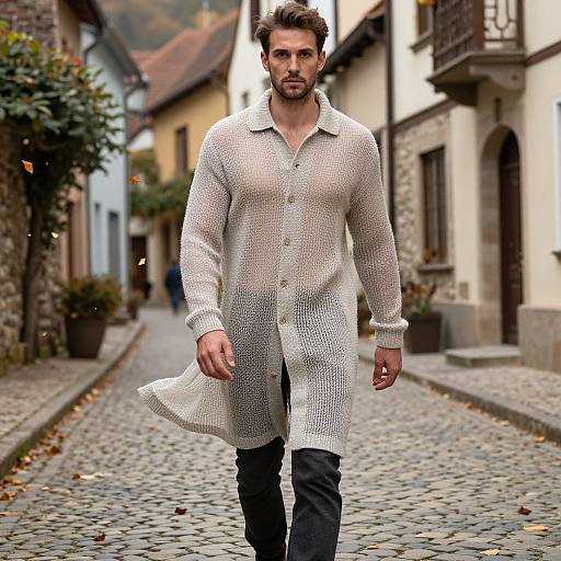 Photograph of a bearded, muscular man in a white, textured, knee-length button-up coat walking down a cobblestone street in a quaint