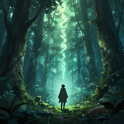 Digital fantasy artwork: Silhouetted figure with hat and cloak stands in luminescent, enchanted forest, surrounded by glowing, mystical symbols and eerie
