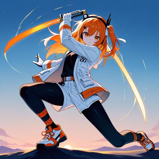 Dynamic Heroine in Neon Sunset