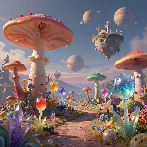 Extraterrestrial Fantasy Landscape with Giant Fungi and Crystalline Flowers