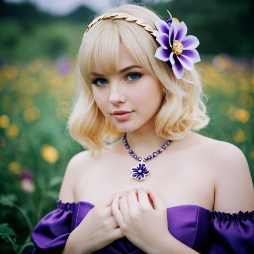 Blonde Woman in Purple Dress with Floral Accessories